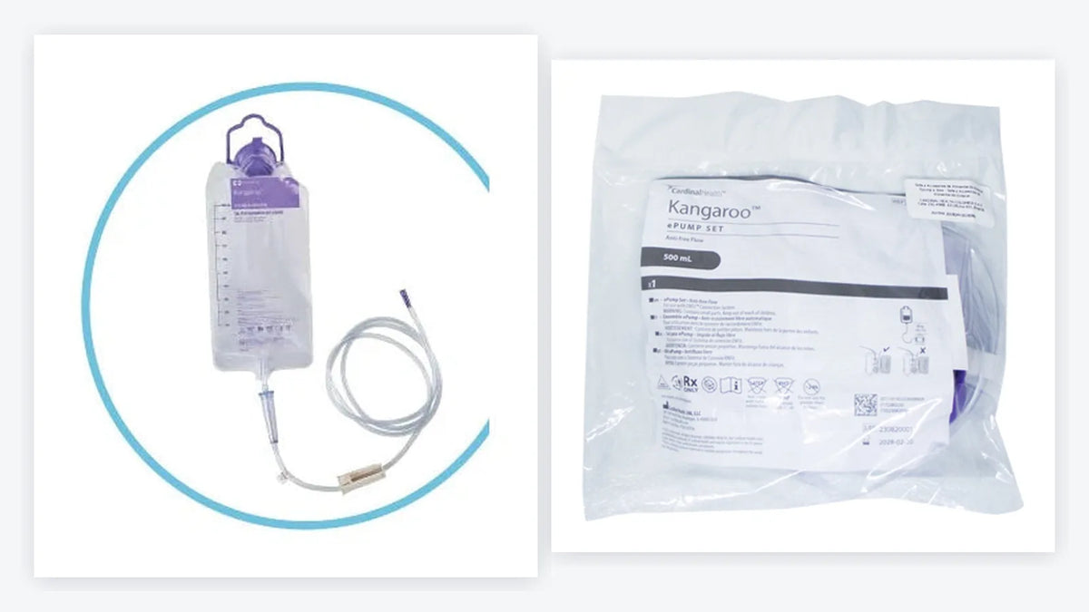 Set de alimentación Kangaroo por gravedad con bolsa de 1000 ml y equipo Kangaroo E-Pump de 500 ml, como los vende Saluti