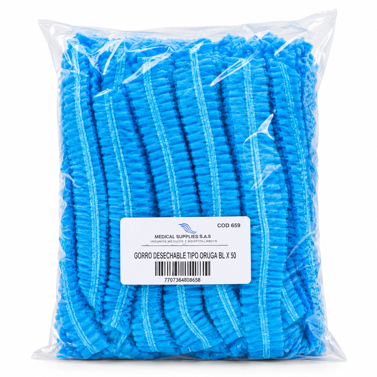 Gorro desechable tipo oruga o cofia azul, no estéril x 50 Medical Supplies