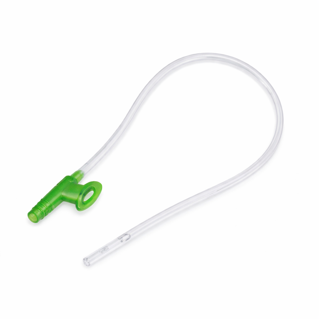 Sonda de succión MEDITEC ET-DP03-27, 40 cm, fabricada en PVC médico, color transparente, con válvula verde para control manual.