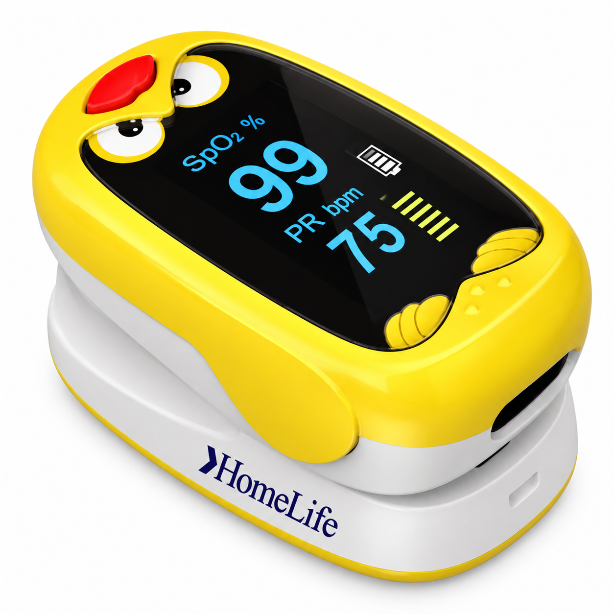 Pulsoxímetro de dedo K1 Home Life para uso neonatal y pediátrico, color amarillo, diseñado para medir saturación de oxígeno y frecuencia cardíaca.