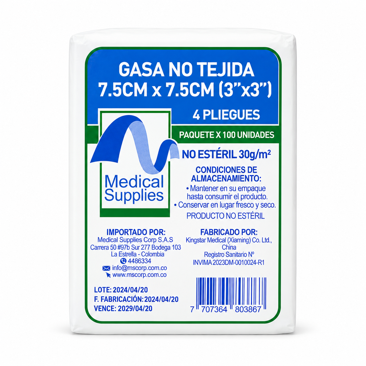 Gasa No Tejida No Esteril 7.5x7.5cm Paq 100 Und - Medical Supplies