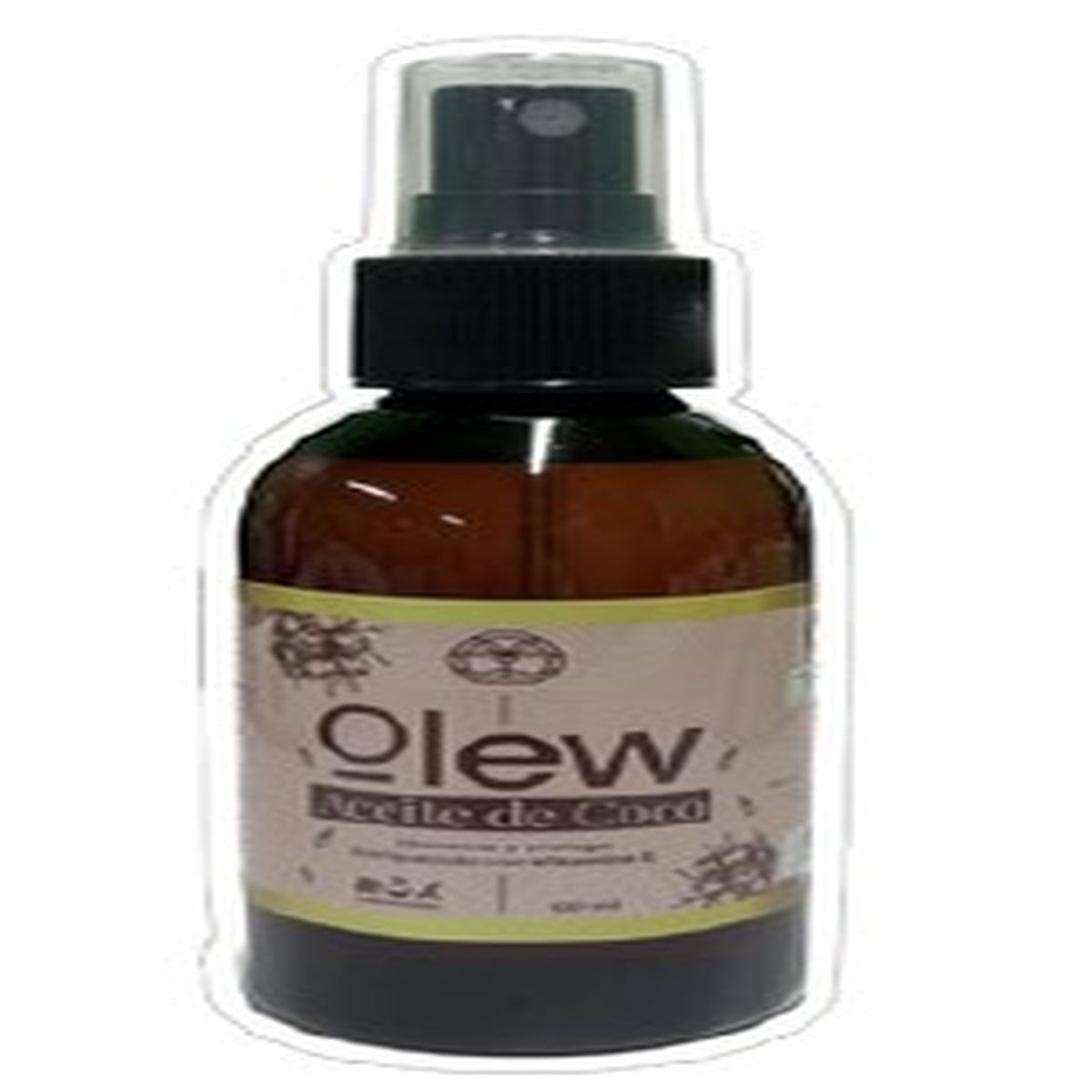 Aceite de Coco Olew multipropósito en spray de 120 ml, envase PET ámbar con tapa negra, ideal para el cuidado de piel y cabello.