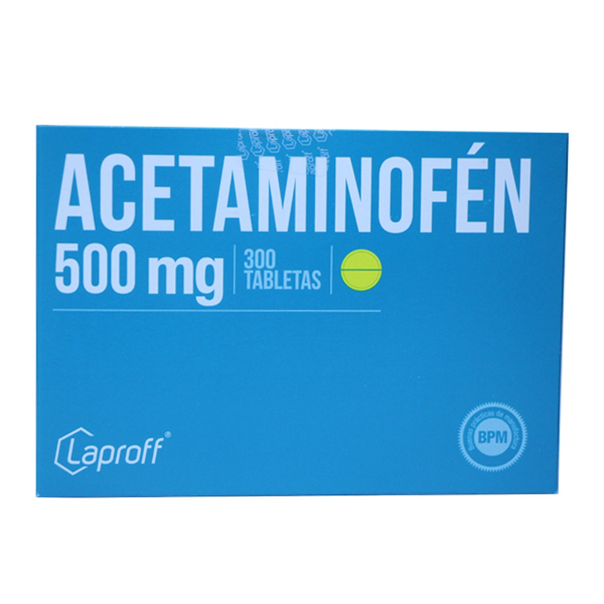 Acetaminofén 500 mg en tabletas, circular, plana, color blanco, biselada y ranurada, presentado en caja de 300 tabletas.