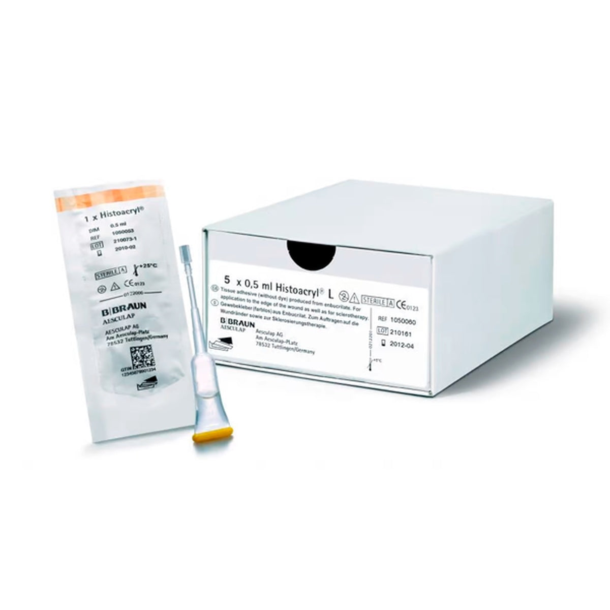 Histoacryl Blue 0,5 ml, adhesivo tisular estéril de B. Braun, color azul, en ampolla de plástico, utilizado para cierre de heridas y escleroterapia.