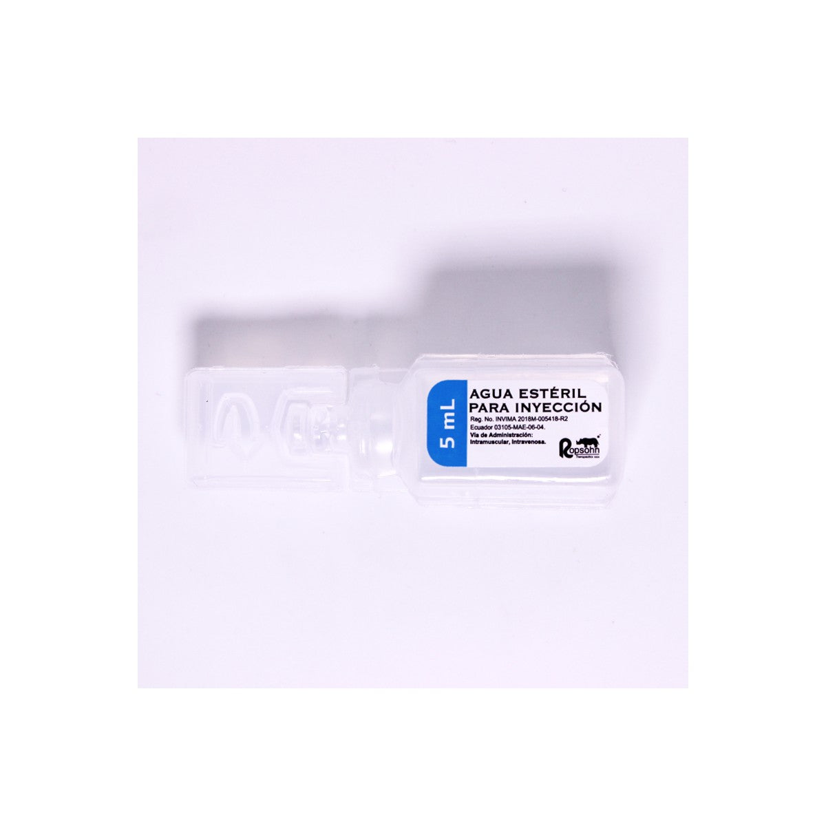 Agua estéril para inyección ROPSOHN THERAPEUTICS SAS, en ampollas de polipropileno de 5 mL, presentada en caja con 40 unidades.