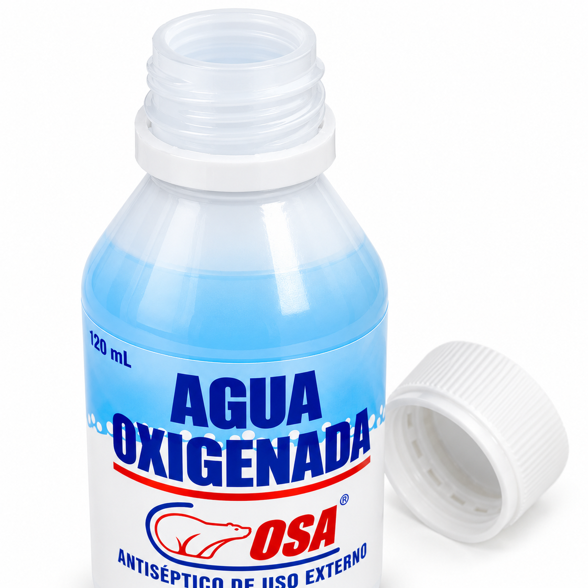 Agua oxigenada OSA al 3%, presentación de 120 ml, elaborada con peróxido de hidrógeno.