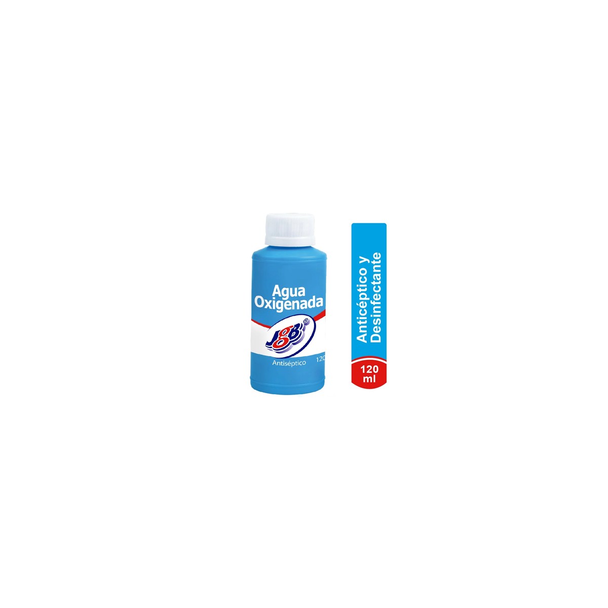 Agua Oxigenada JGB en frasco de 500 mL, solución antiséptica y desinfectante, color transparente, con tapa de seguridad.