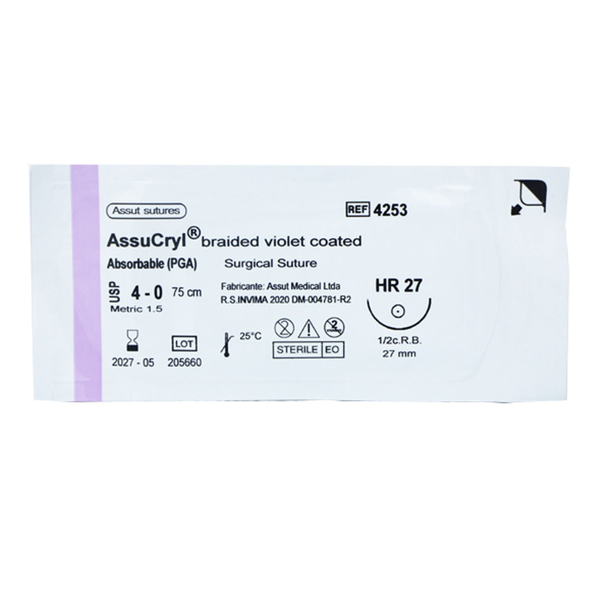 Sutura quirúrgica absorbible ASSUCRYL 4/0, aguja de 1/2 círculo redonda de 27 mm, hebra de 75 cm, color violeta.