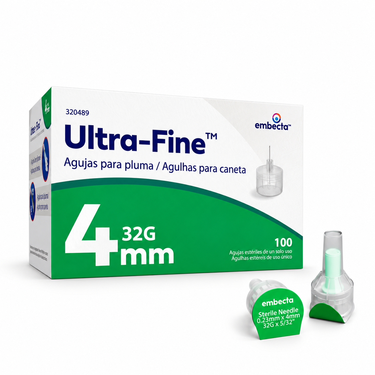 Aguja BD Ultra-Fine Nano para insulina de 4 mm y calibre 32G, referencia 320489, compatible con plumas de insulina.