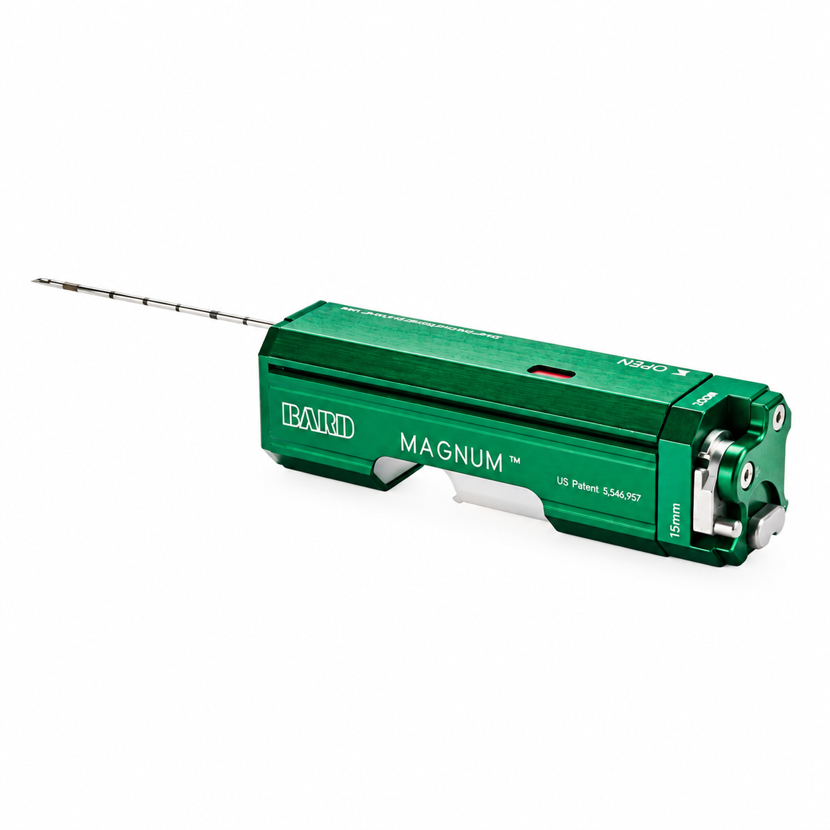 Aguja core BD Magnum 14G de 10 cm para biopsia de tejidos blandos, diseñada para facilitar la obtención controlada de muestras.