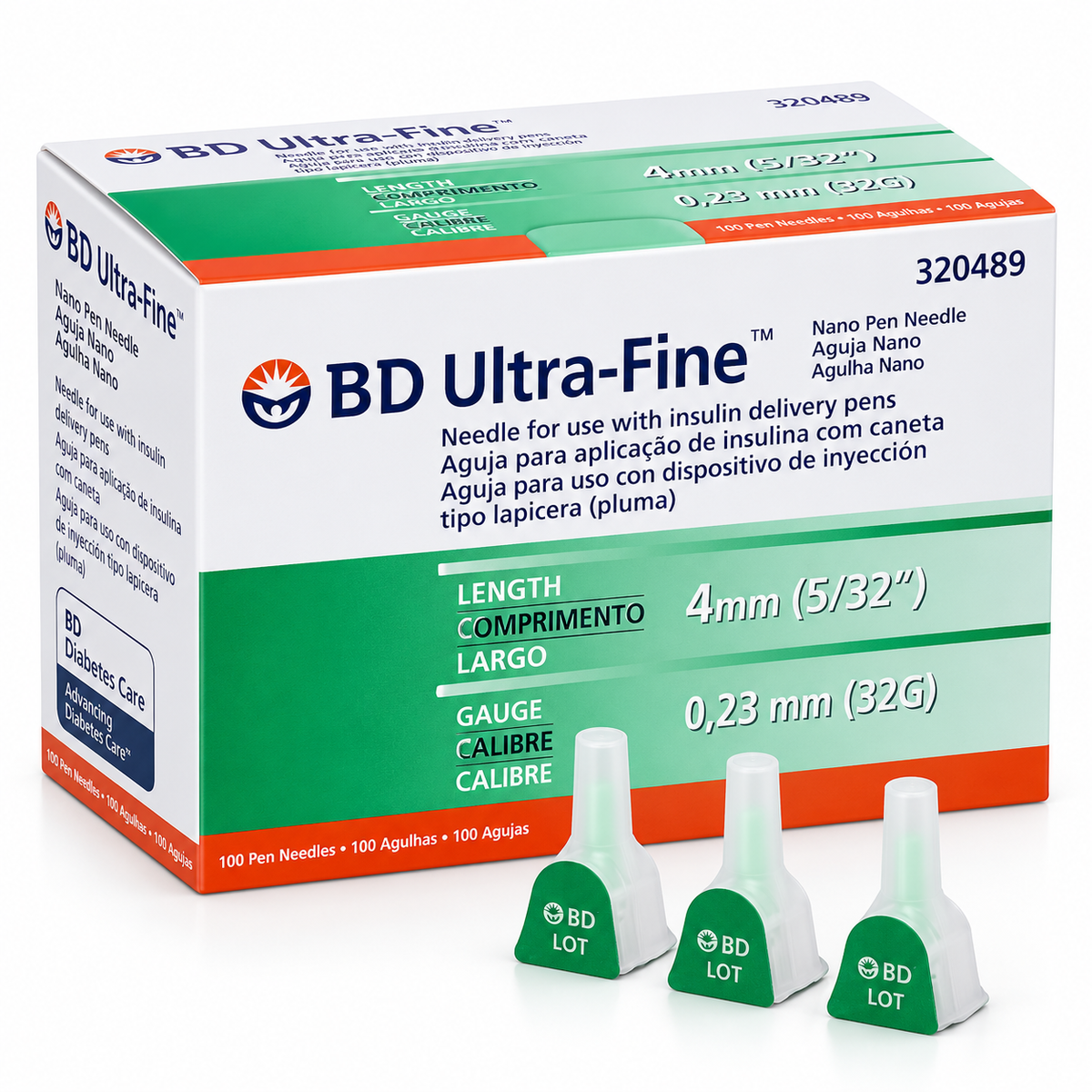 Aguja para insulina BD Ultra-Fine Nano de 4 mm y 32G, referencia 320489, diseñada para una aplicación precisa y cómoda.