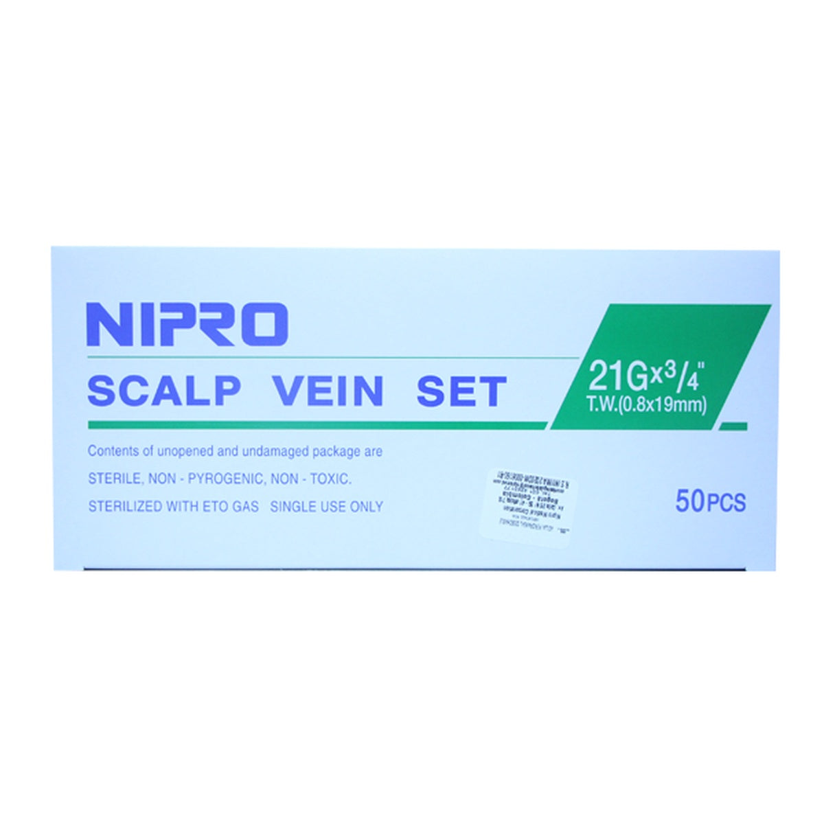 Set Pericraneal Nipro 21G x 3/4, aguja de acero inoxidable con recubrimiento de silicona, tubo de PVC de 30 cm, esterilizado.