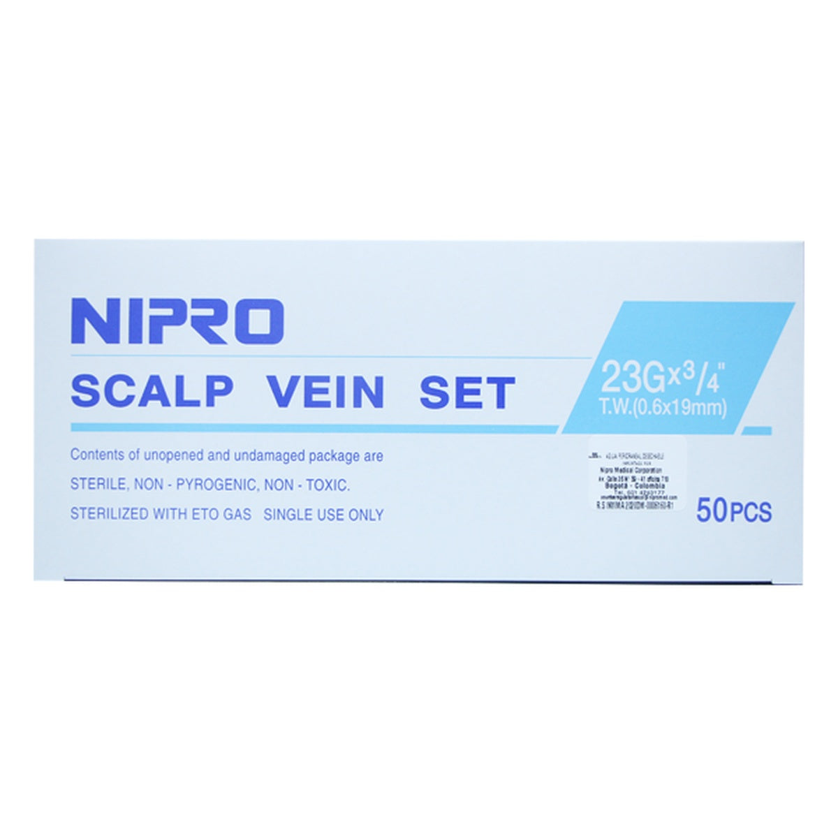 Set Pericraneal Nipro 23G x 3/4" con aguja de acero inoxidable, tubo de PVC de 30 cm y conector Luer Lock, en fondo blanco.