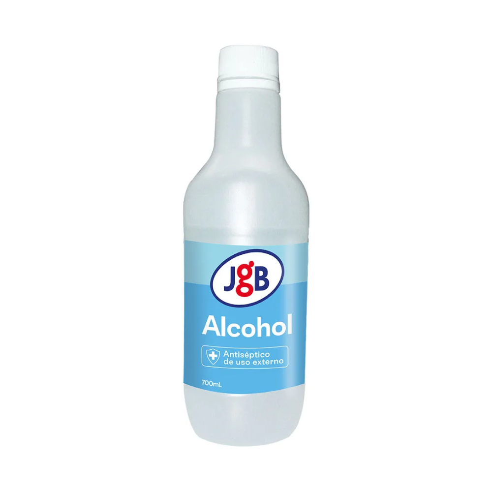 Alcohol 70% JGB en envase plástico de 700 ml para desinfección y uso institucional.