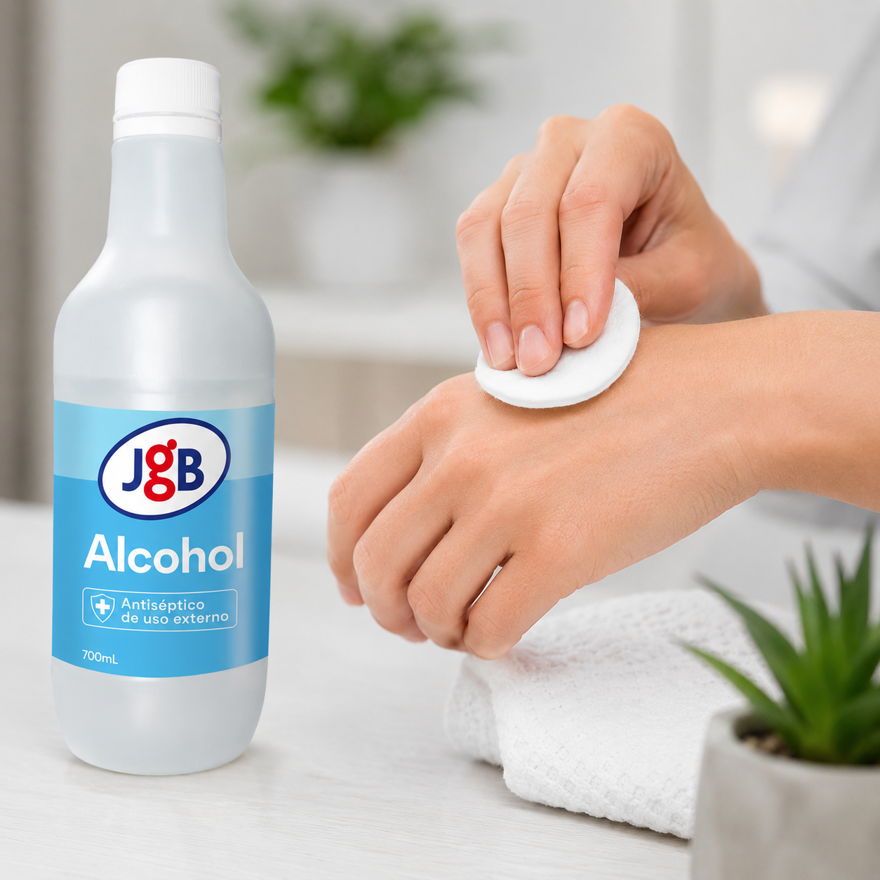 Alcohol 70% JGB en envase plástico de 700 ml siendo utilizado para limpieza y desinfección de la piel con algodón, sobre superficie blanca en ambiente limpio y clínico