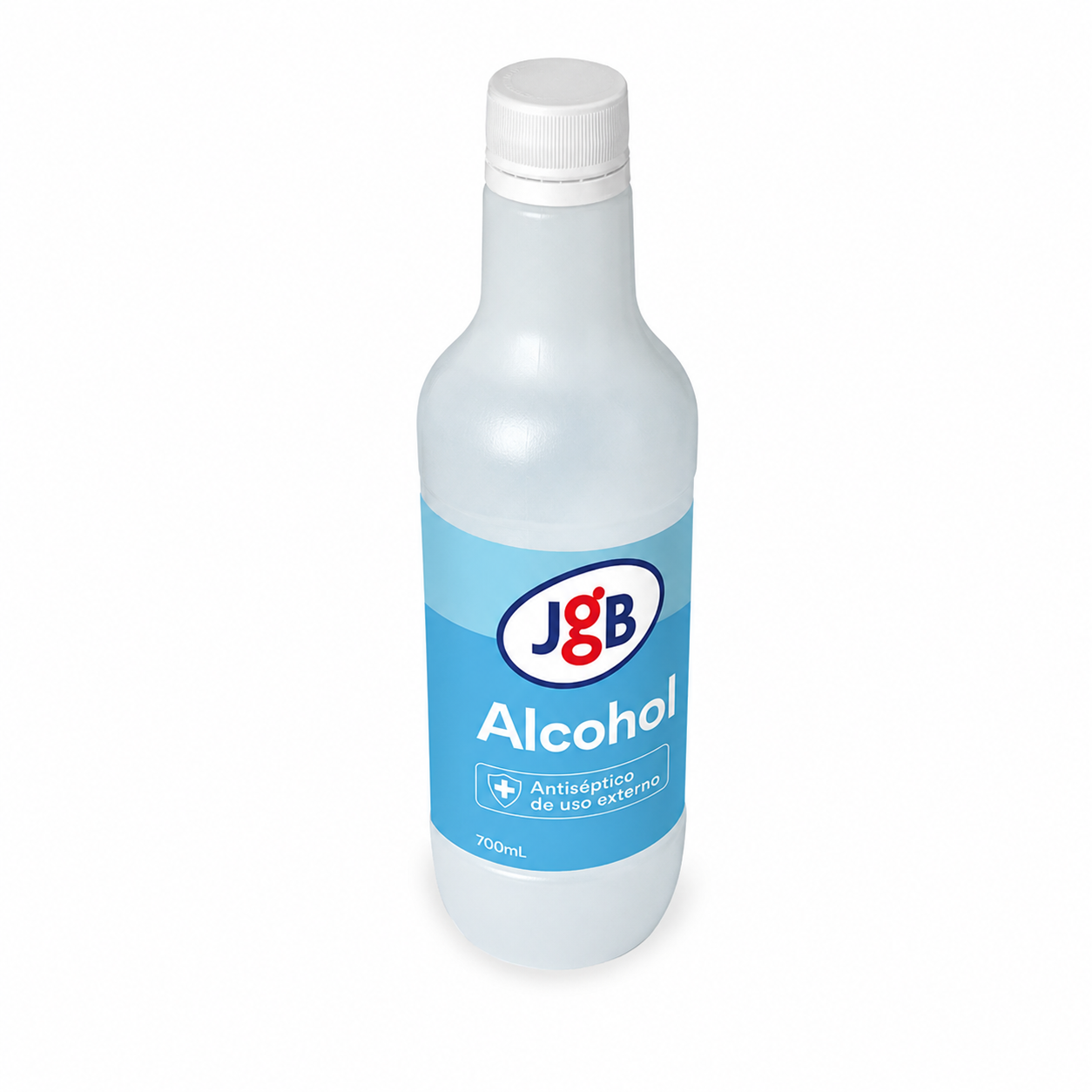 Alcohol 70% JGB en envase plástico de 700 ml, vista en ángulo lateral superior, botella blanca translúcida con tapa blanca y etiqueta azul, sobre fondo blanco digitalizado
