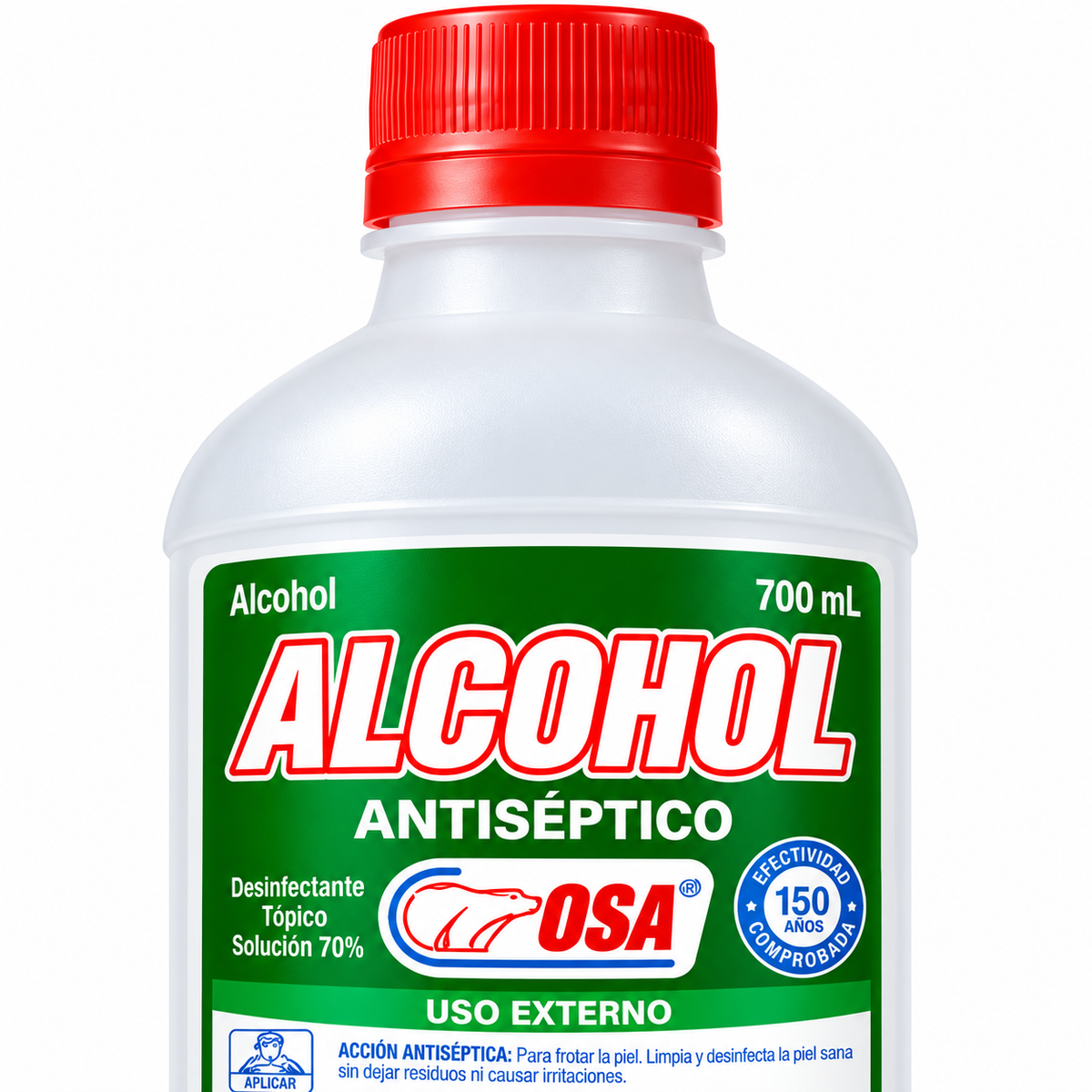 Alcohol OSA al 70% en envase plástico de 700 ml para limpieza y desinfección.