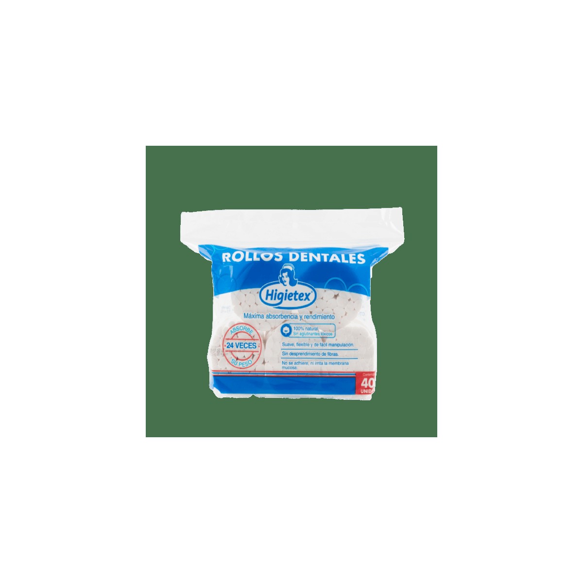 Rollos de algodón dental Higietex, 400 unidades, color blanco, presentados en un empaque compacto, ideales para higiene dental.
