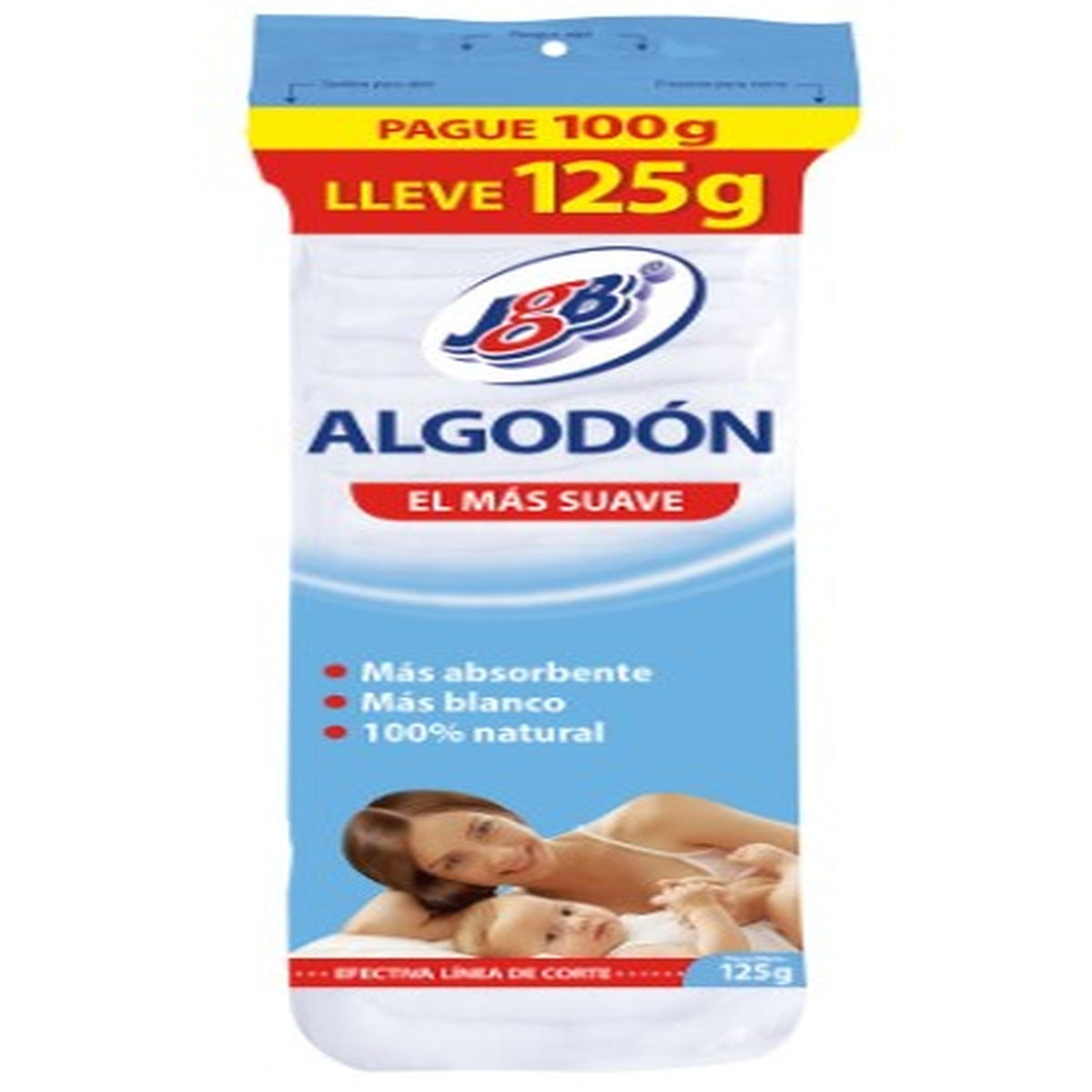 Algodón purificado zig-zag de 100 g, 100% algodón natural, presentado en bolsa de polietileno, fondo blanco.