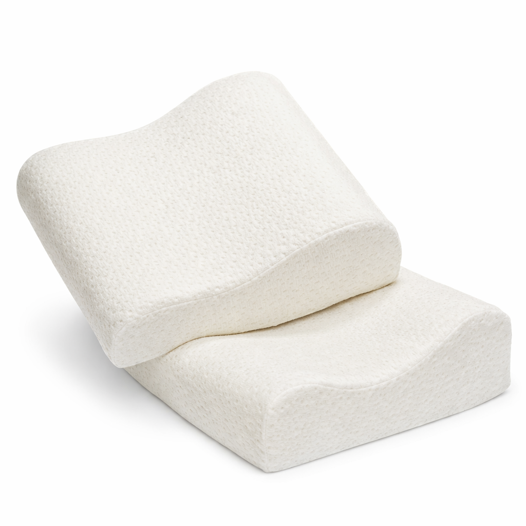 Almohada cervical anatómica de viaje, 25x30 cm, marca Relax Time, color blanco, con forma contorneada para soporte del cuello.