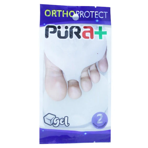 Almohadilla de gel para puente y martillo plantar, marca Pura+, color transparente, diseñada para aliviar la presión en el pie.