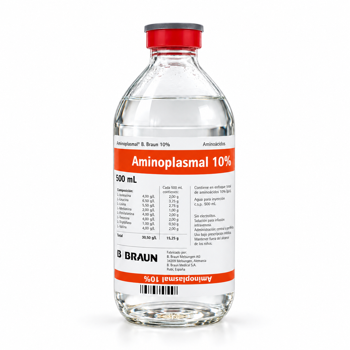Aminoplasmal 10% sin electrolitos B. Braun, solución de aminoácidos en frasco de 500 ml para uso médico y hospitalario.