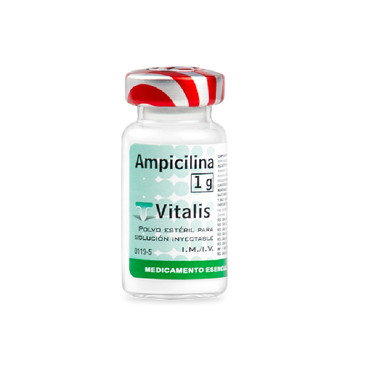 Ampicilina 1 g en vial, polvo blanco cristalino, utilizado como antibiótico, presentado en empaque estéril de Laboratorios Vitalis.