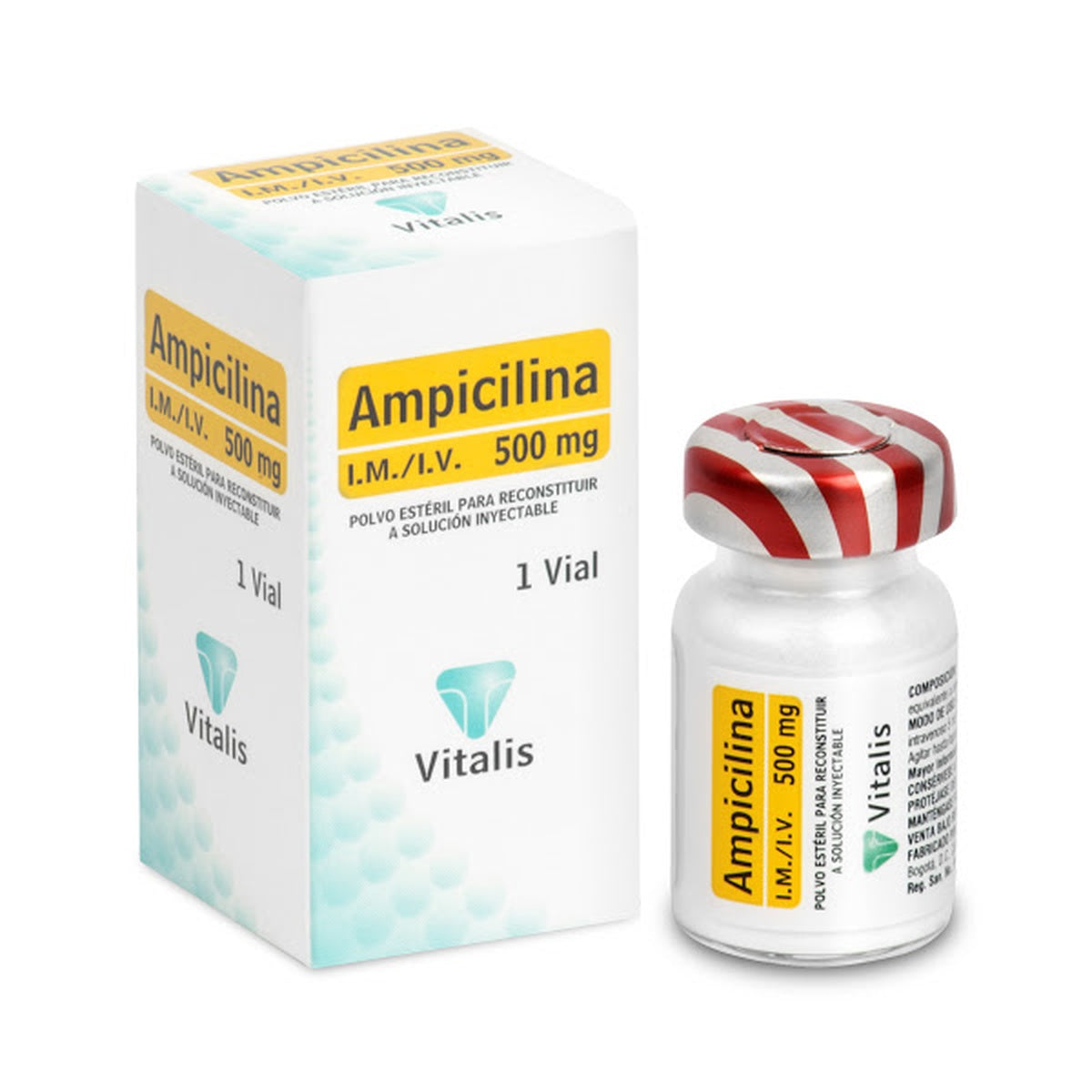 Ampicilina 500 mg en vial de vidrio, polvo estéril para solución inyectable, color blanco, indicado para infecciones bacterianas.