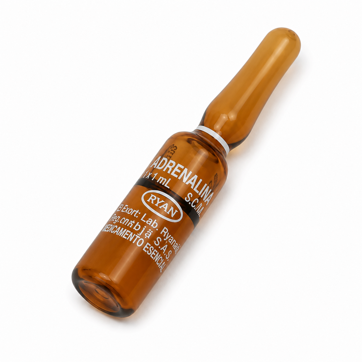 Ampolla de Adrenalina Ryan 1mg/1ml solución inyectable sobre fondo blanco