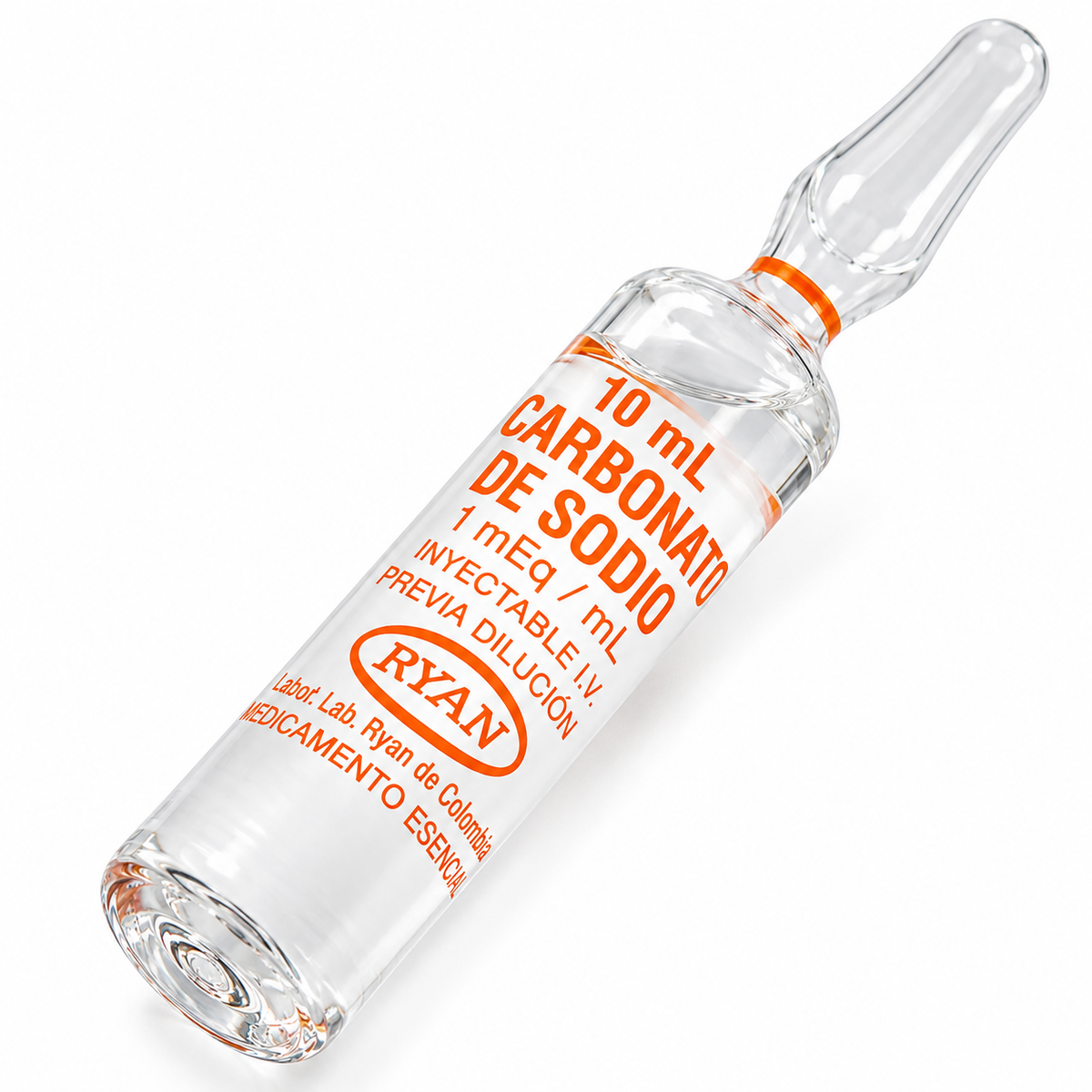 Ampolla de bicarbonato de sodio Ryan de 10 ml con concentración de 1 mEq/ml, para uso según indicación profesional.