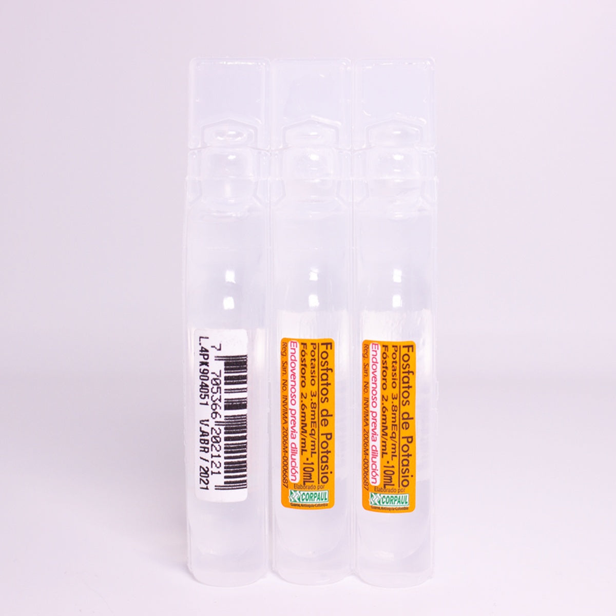 Fosfatos de Potasio en ampolla de 10 mL, solución inyectable transparente e incolora, presentada en envase de polietileno.
