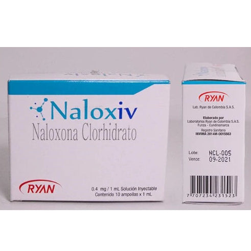 Ampolla de Naloxiv 0.4mg/1ml, antídoto rápido, con líquido transparente en envase estéril, fondo blanco.