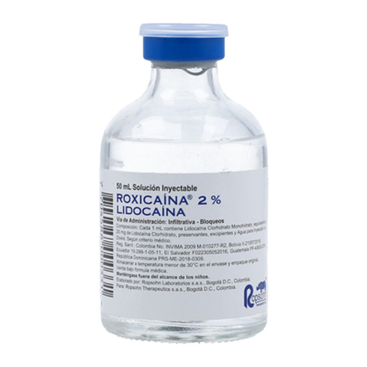 Roxicaína 2% Simple, frasco vial de 50 ml, anestésico local de color transparente, con tapa blanca y etiqueta informativa.