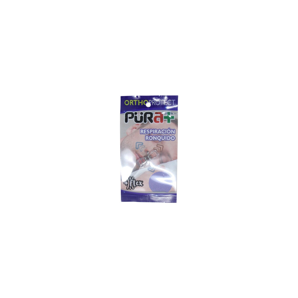 Dispositivo antirronquido nasal PURA+ de silicona blanca, ergonómico y reutilizable, presentado en un empaque de dos unidades.