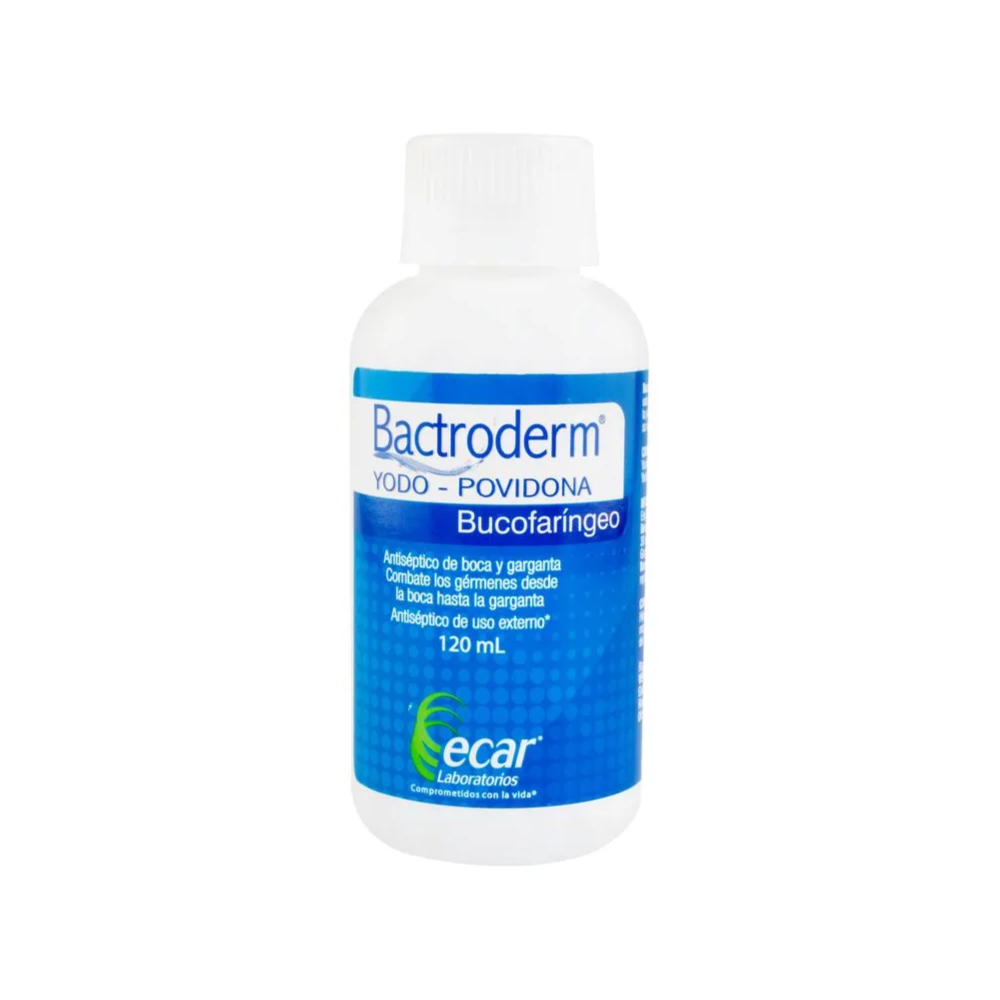 Antiséptico Ecar Bactroderm bucofaríngeo 120 ml presentación del producto para higiene y cuidado bucofaríngeo.
