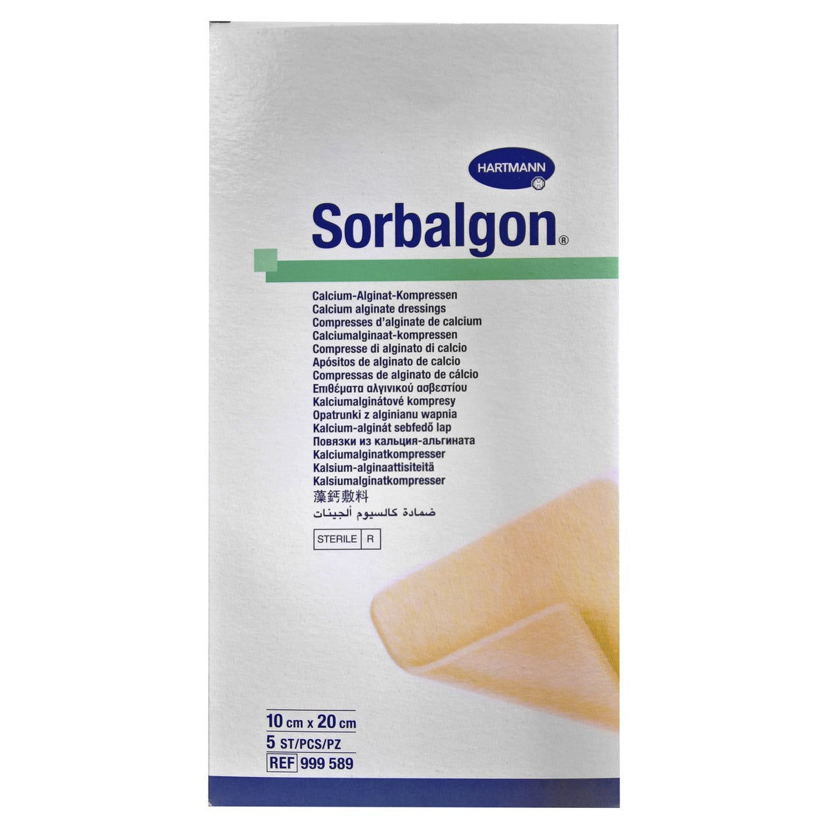 Apósito estéril Sorbalgon de 10 x 20 cm, compuesto por alginato de calcio, diseñado para el tratamiento de heridas, con alta biocompatibilidad.