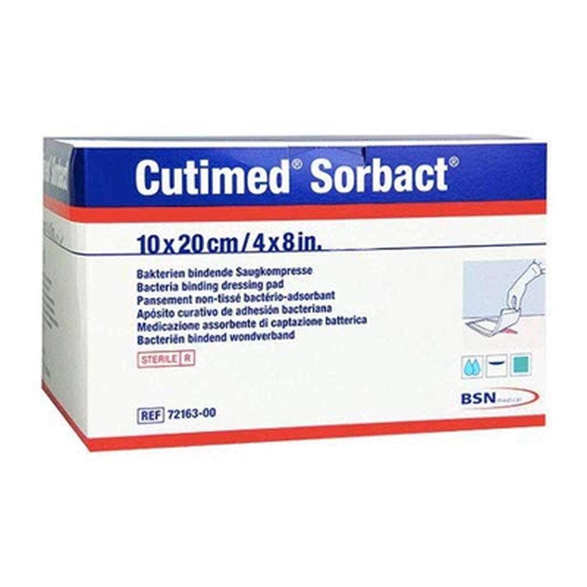 Apósito Cutimed Sorbact de 10 x 20 cm, con capa verde de contacto, diseñado para reducir carga microbiana en heridas.