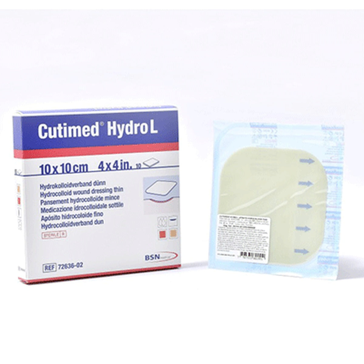 Apósito hidrocoloidal estéril CUTIMED® HYDRO L de 10 x 10 cm, con capa de contacto de carboximetilcelulosa y película de poliuretano semitransparente.