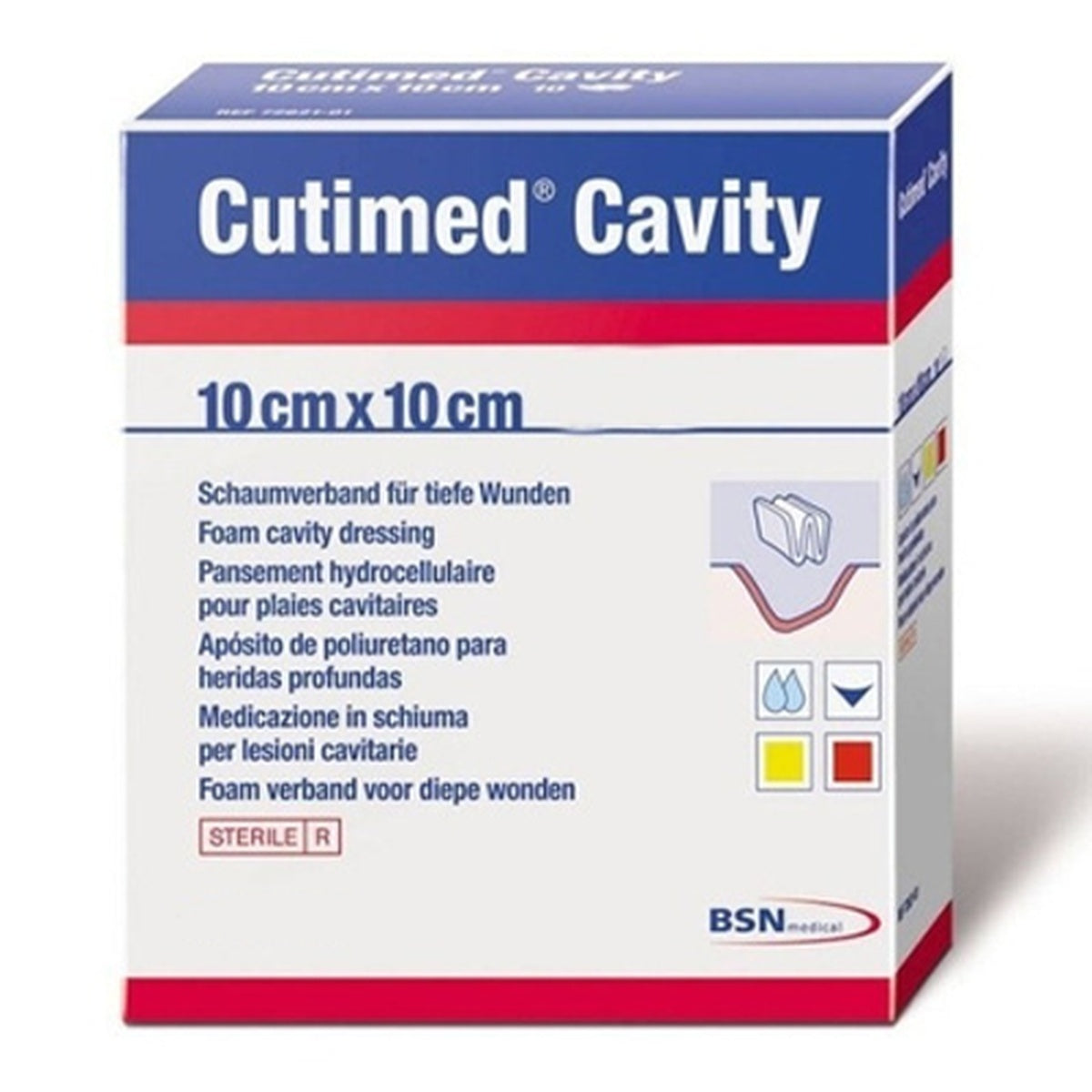 Apósito estéril absorbente CUTIMED CAVITY de 10 x 10 cm, fabricado en espuma de poliuretano, diseñado para el manejo de heridas profundas.