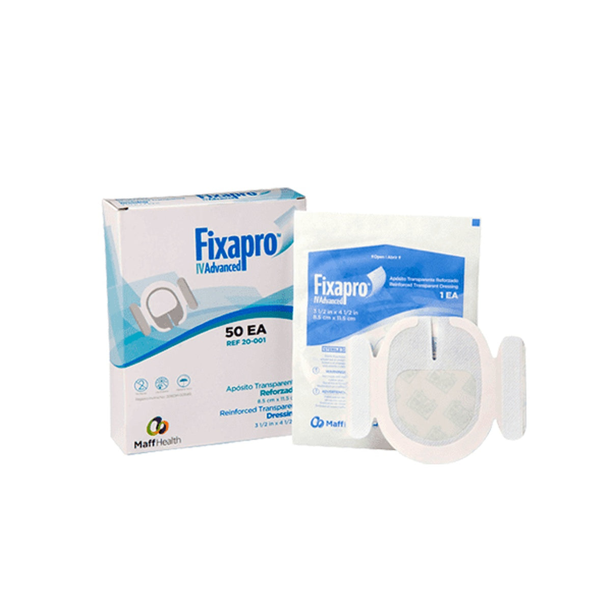 Apósito transparente reforzado FIXAPRO IV ADVANCE de 8.5 x 11.5 cm, fabricado en poliuretano con adhesivo acrílico, ideal para fijación de dispositivos médicos.