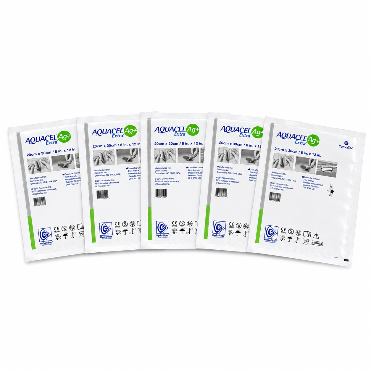 AQUACEL Extra Ag+ Absorbente 20x30 cm Convatec con 5 apósitos organizados, tecnología Hydrofiber para absorción avanzada y manejo de heridas.