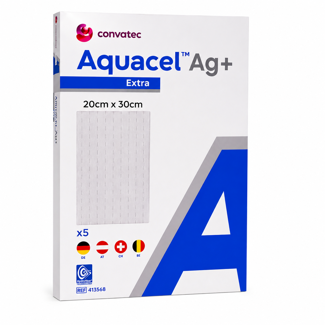 AQUACEL Extra Ag+ Absorbente 20x30 cm Caja x 5 Unidades Convatec, apósito avanzado con tecnología Hydrofiber para manejo de heridas y absorción de exudado.