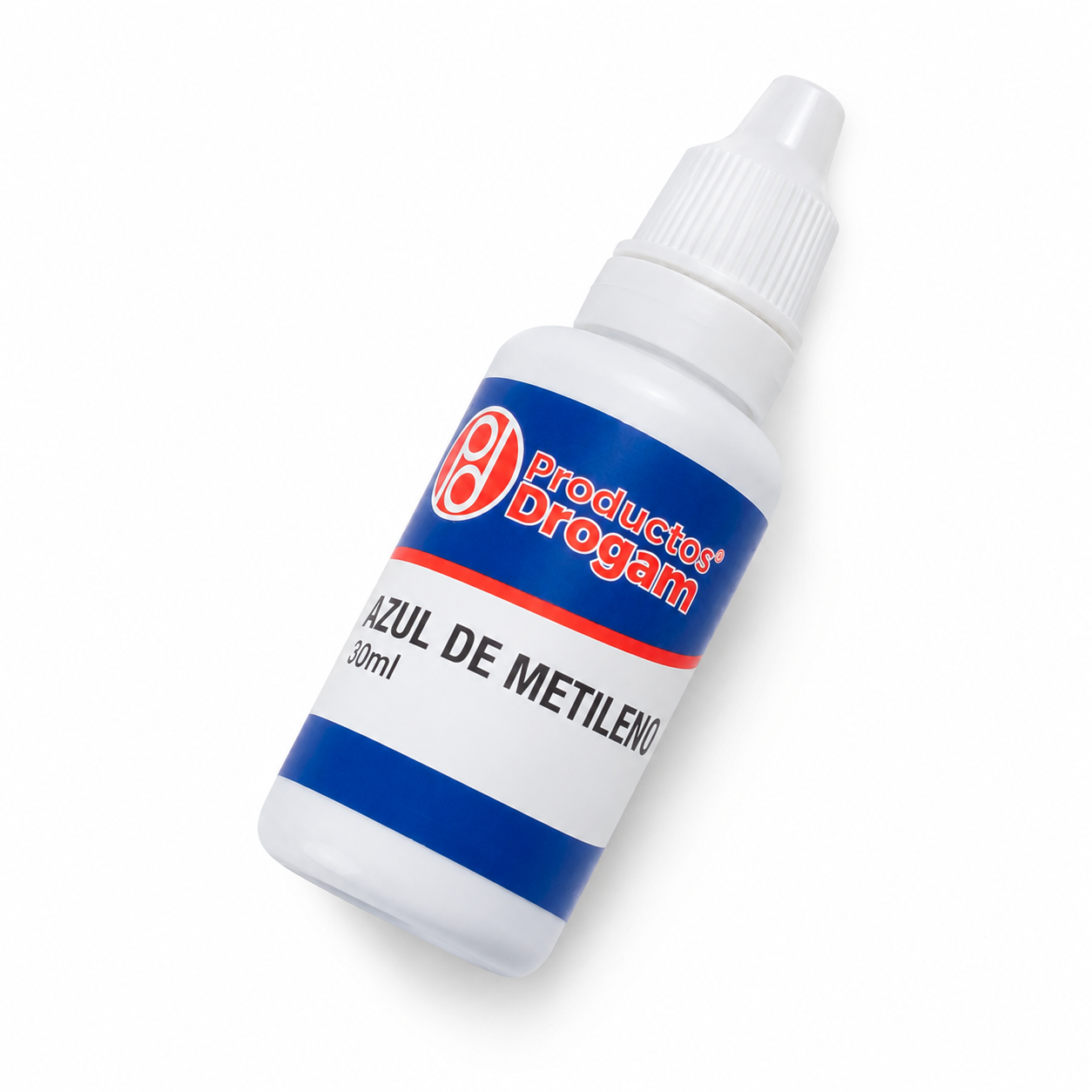 Azul de Metileno x 30 ml en botella gotero blanca con etiqueta azul y roja para aplicaciones médicas.