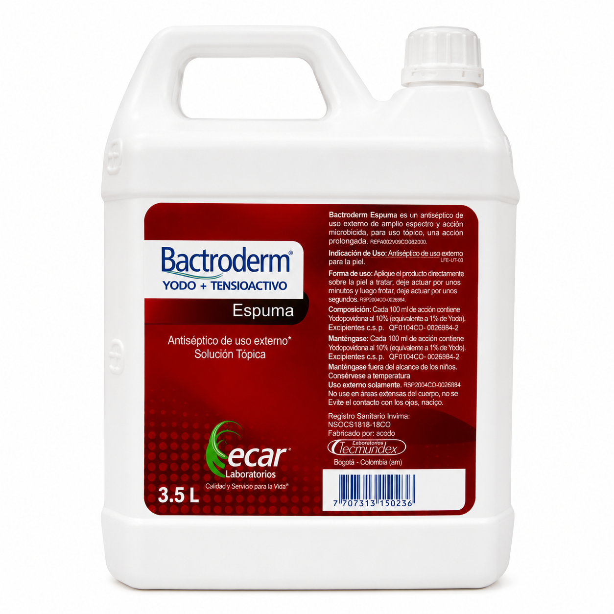 Bactroderm Espuma Yodopovidona 3.5L Galón Ecar - Antiséptico Tópico