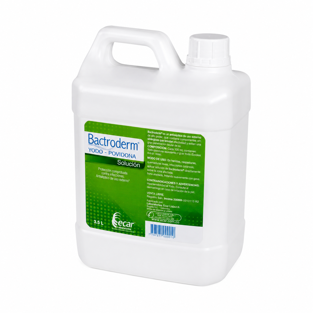 Bactroderm Yodo Povidona Solución 3.5 L en envase plástico blanco con manija y tapa rosca, vista en ángulo lateral frontal sobre fondo blanco digitalizado