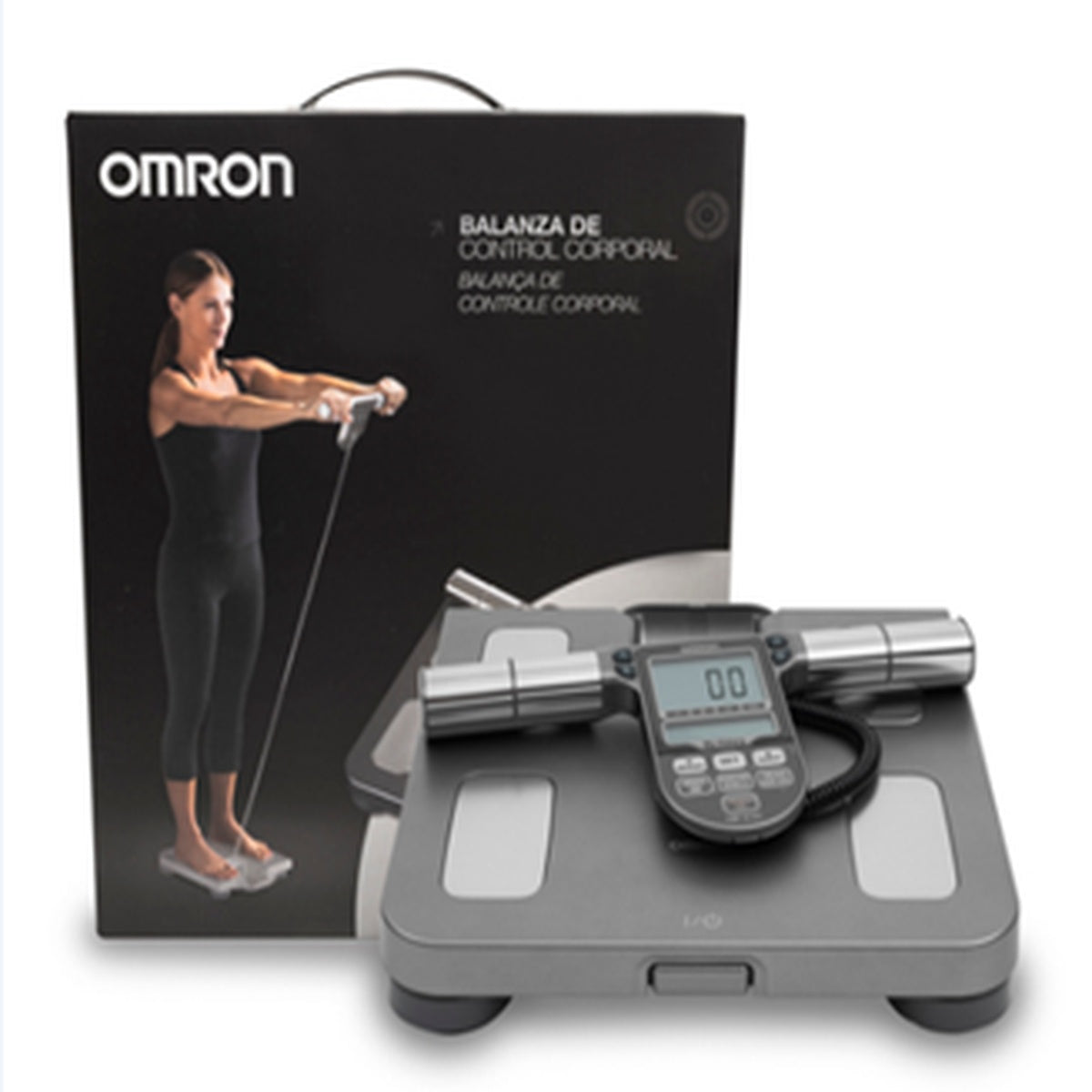 Balanza de Control Corporal HBF-514C de Omron, con pantalla digital, diseño plano, color negro y dimensiones de 300 x 35 x 147 mm.