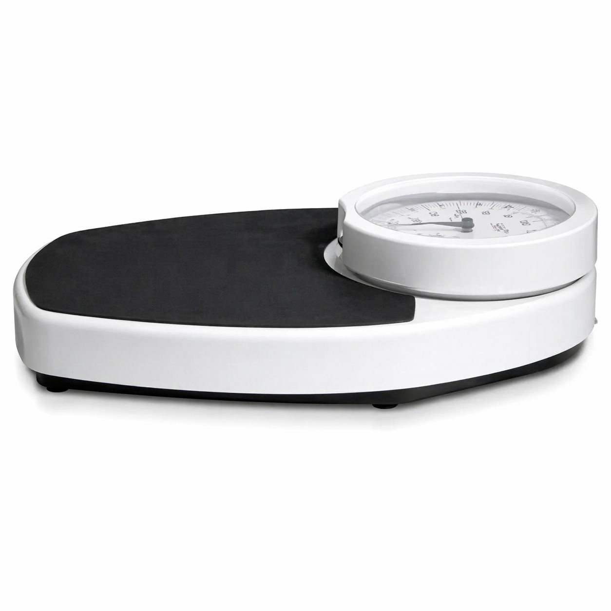 Balanza analógica de piso 150 kg vista lateral, plataforma negra antideslizante y dial de medición visible