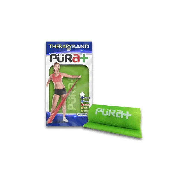 Banda elástica suave verde Pura+ para fisioterapia, de material flexible, ideal para ejercicios de rehabilitación y fortalecimiento.