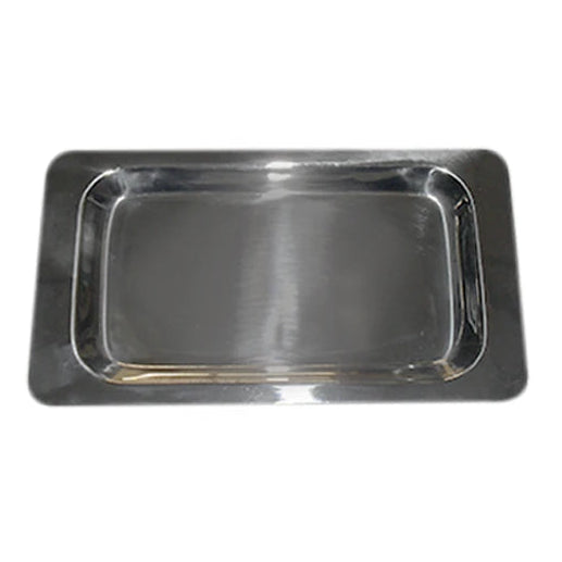 Bandeja de acero inoxidable de 23x12 cm, ideal para uso quirúrgico, con acabado pulido y bordes redondeados.