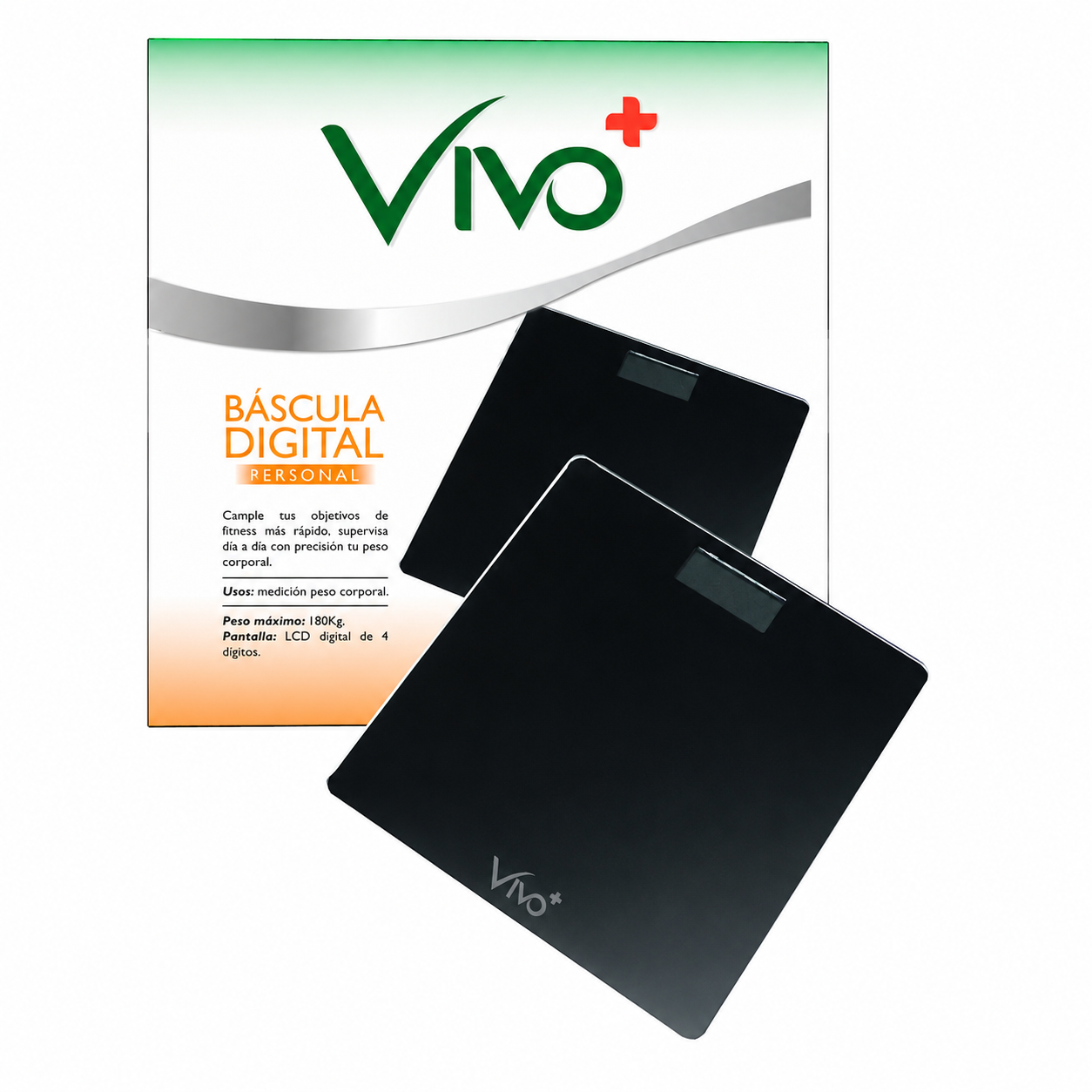 Báscula digital negra de vidrio Vivo+ GLX con pantalla LCD para control de peso corporal.